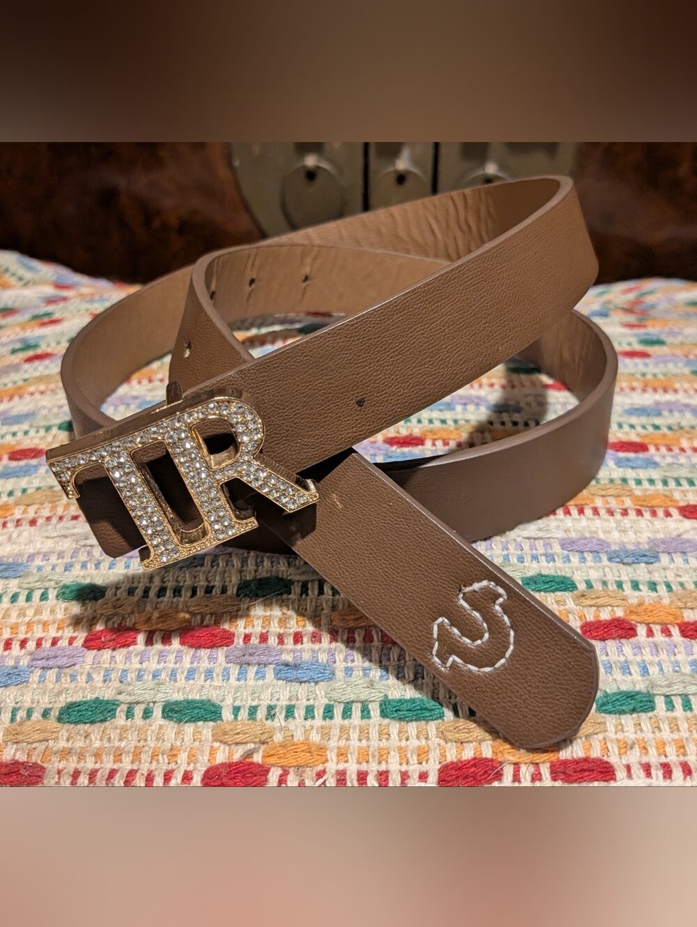 NWOT True Religion Women Thin Brown Belt Gold Rhinestone Embroidered Horseshoe